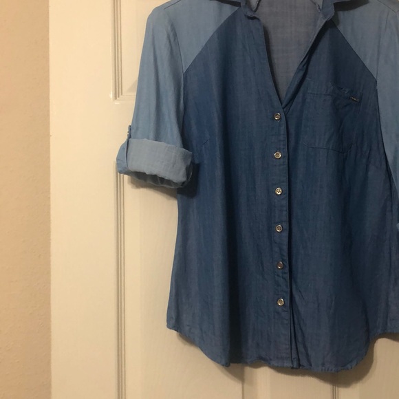 Denim v neck button down top - Picture 2 of 3